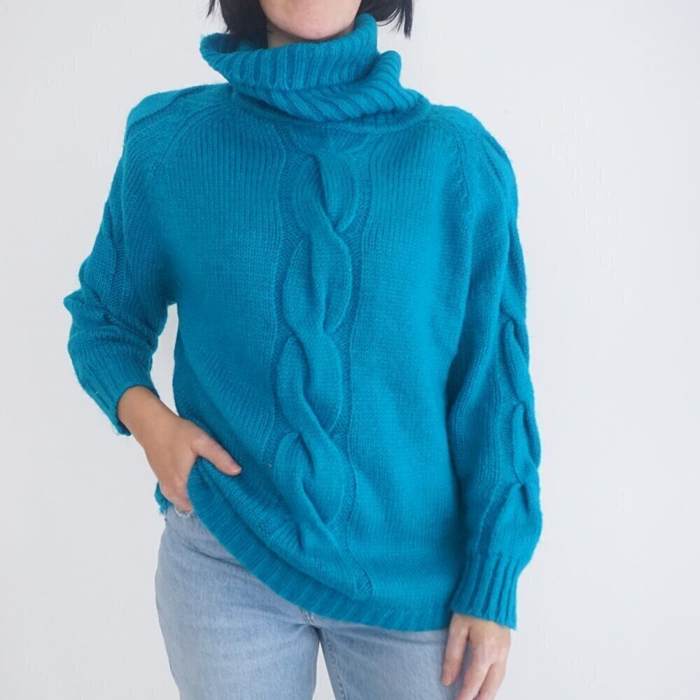 Vintage Marella Teal Cable Knit Fisherman Turtleneck Sweater Large